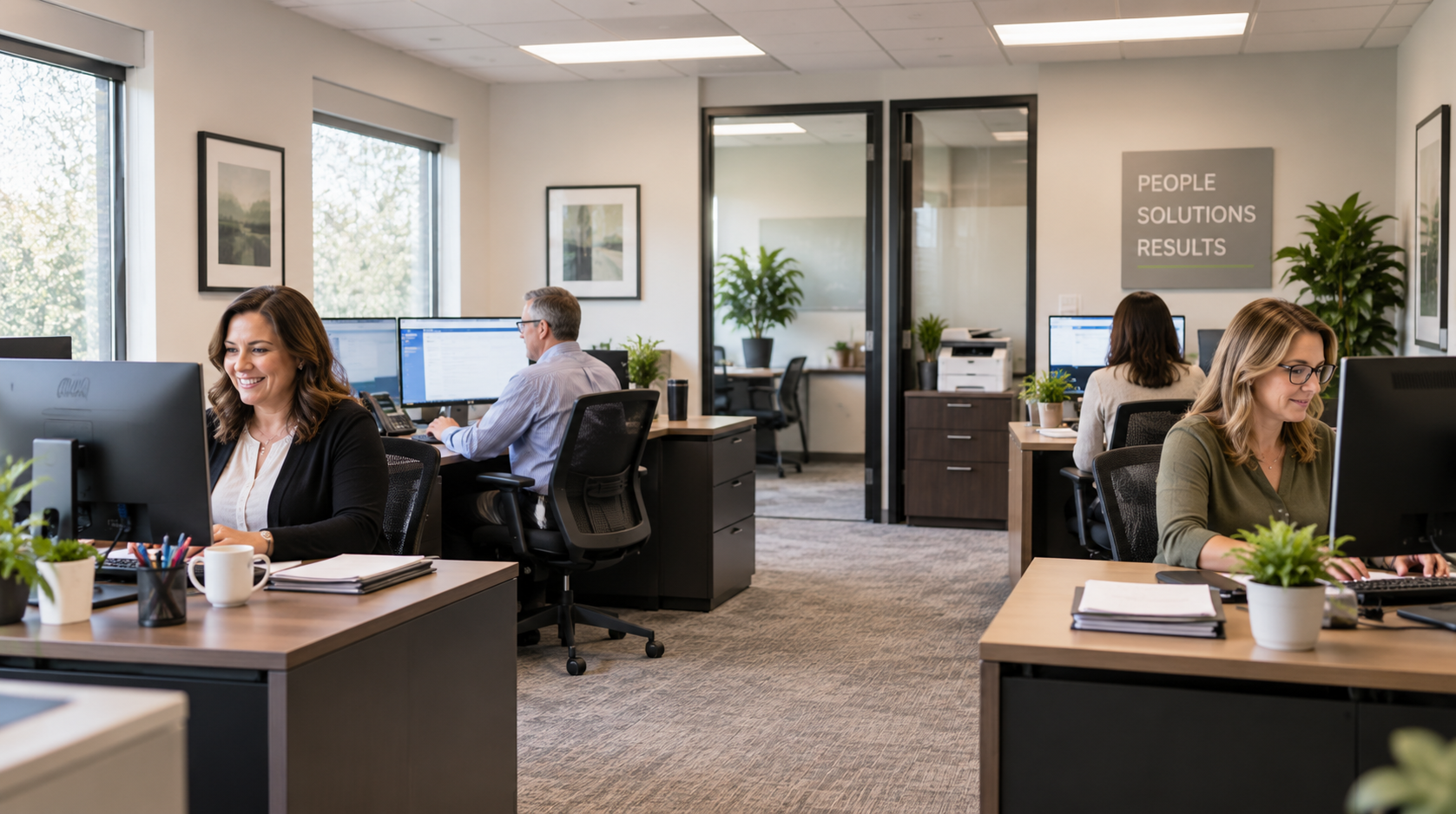 Employees working at individual computer workstations in a small business office